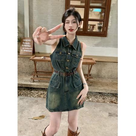 BY18160# 复古小个子短袖牛仔连衣裙女装夏季新款潮酷收腰工装A字短裙  服裝批發女裝批發服飾貨源