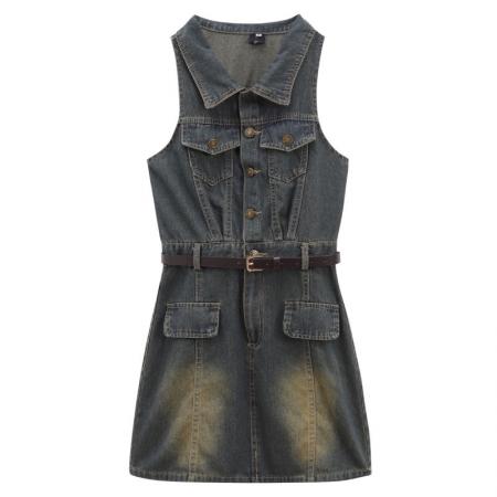 BY18160# 复古小个子短袖牛仔连衣裙女装夏季新款潮酷收腰工装A字短裙  服裝批發女裝批發服飾貨源