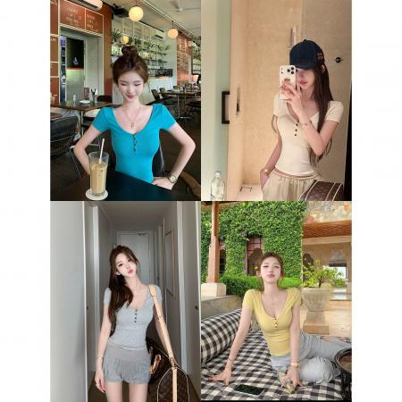 BY18161# 长期主义弹力坑条针织T恤女夏季修身显瘦V领短袖体恤上衣  服裝批發女裝批發服飾貨源