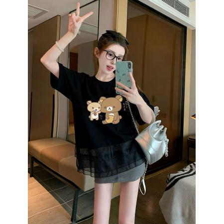 BY18167# 韩版可爱熊印花T恤女夏季设计感显瘦网纱拼接短袖上衣  服裝批發女裝批發服飾貨源