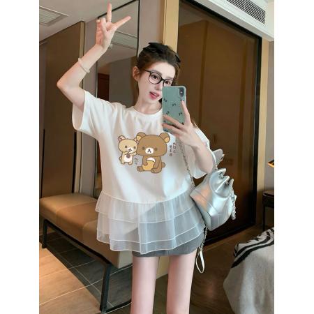 BY18167# 韩版可爱熊印花T恤女夏季设计感显瘦网纱拼接短袖上衣  服裝批發女裝批發服飾貨源