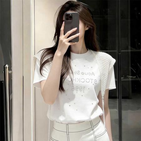 BY18168# 白色重工字母烫钻T恤女时尚夏季新款小众不撞款宽松百搭圆领上衣  服裝批發女裝批發服飾貨源