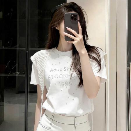 BY18168# 白色重工字母烫钻T恤女时尚夏季新款小众不撞款宽松百搭圆领上衣  服裝批發女裝批發服飾貨源