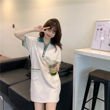 BY18170# 韩系夏日多巴胺穿搭连衣裙夏季女装新时尚polo领中长款T恤裙  服裝批發女裝批發服飾貨源