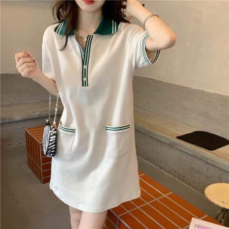 BY18170# 韩系夏日多巴胺穿搭连衣裙夏季女装新时尚polo领中长款T恤裙  服裝批發女裝批發服飾貨源