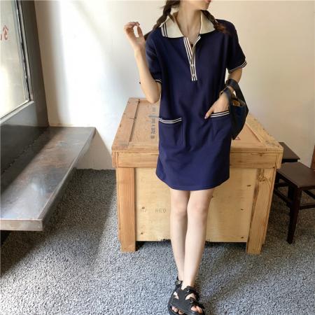 BY18170# 韩系夏日多巴胺穿搭连衣裙夏季女装新时尚polo领中长款T恤裙  服裝批發女裝批發服飾貨源