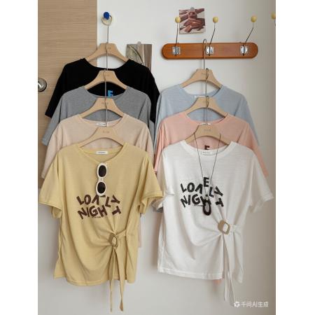 BY18173# 夏季新款绑带字母印花正肩短袖T恤女装胖MM显瘦减龄上衣  服裝批發女裝批發服飾貨源