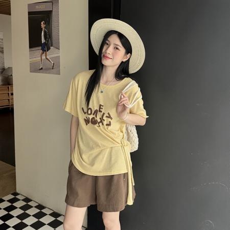 BY18173# 夏季新款绑带字母印花正肩短袖T恤女装胖MM显瘦减龄上衣  服裝批發女裝批發服飾貨源