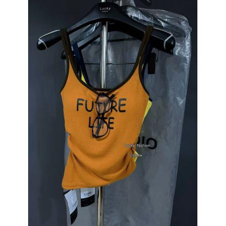 BY18174# 夏新机场穿搭洋气韩版圆领字母印花掐腰背心自带胸垫  服裝批發女裝批發服飾貨源