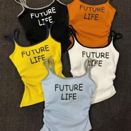 BY18174# 夏新机场穿搭洋气韩版圆领字母印花掐腰背心自带胸垫  服裝批發女裝批發服飾貨源