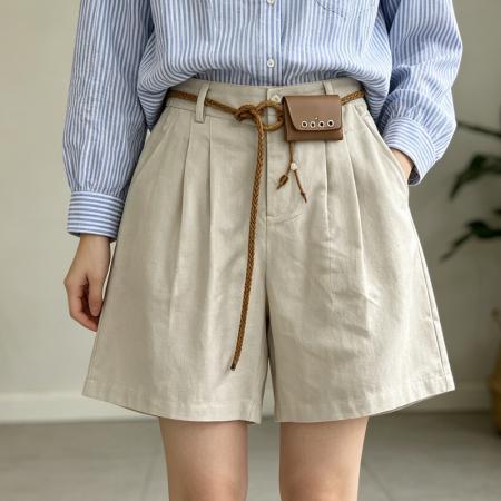 BY18177# 新款日系休闲棉麻五分短裤女高腰松紧腰显瘦直筒阔腿中裤  服裝批發女裝批發服飾貨源