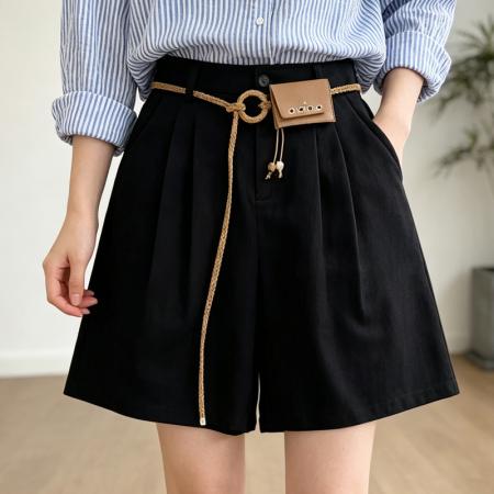 BY18177# 新款日系休闲棉麻五分短裤女高腰松紧腰显瘦直筒阔腿中裤  服裝批發女裝批發服飾貨源