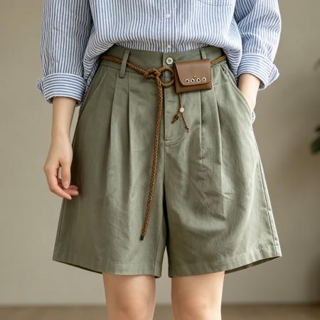 BY18177# 新款日系休闲棉麻五分短裤女高腰松紧腰显瘦直筒阔腿中裤  服裝批發女裝批發服飾貨源
