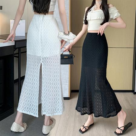 BY18181# 韩系时尚高腰显瘦蕾丝开叉半身裙肌理感包臀鱼尾A字长裙  服裝批發女裝批發服飾貨源
