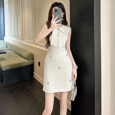 BY18182# 夏季穿搭娃娃领无袖连衣裙女新款显高修身小个子轻奢气质包臀裙子  服裝批發女裝批發服飾貨源