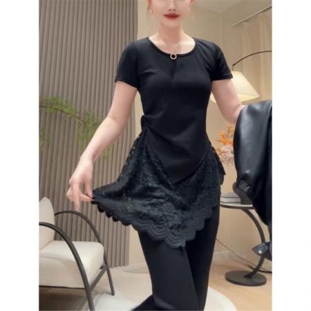 BY18183# 纯棉大码欧货蕾丝拼接短袖t恤女春夏新款宽松显瘦时尚上衣女  服裝批發女裝批發服飾貨源