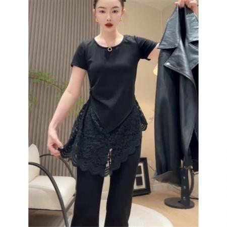 BY18183# 纯棉大码欧货蕾丝拼接短袖t恤女春夏新款宽松显瘦时尚上衣女  服裝批發女裝批發服飾貨源