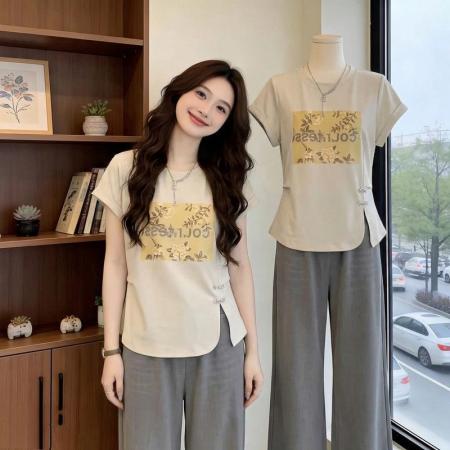 BY18184# 纯棉大码韩系盘扣印花短袖t恤女春夏新款宽松显瘦时尚上衣女  服裝批發女裝批發服飾貨源