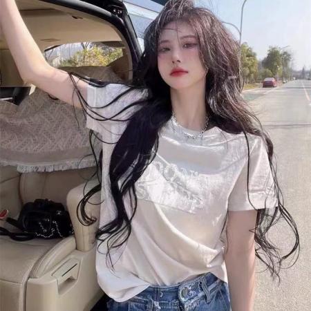 BY18185# 设计感小众字母烫钻春秋新款纯棉短袖白色oversize潮牌短袖t恤女  服裝批發女裝批發服飾貨源