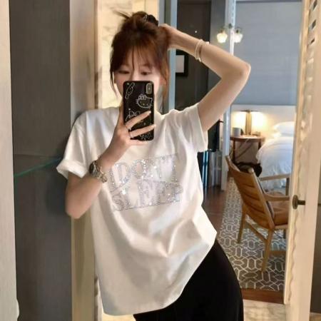 BY18185# 设计感小众字母烫钻春秋新款纯棉短袖白色oversize潮牌短袖t恤女  服裝批發女裝批發服飾貨源