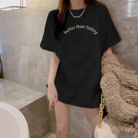 BY18187# 黑色正肩短袖t恤女装夏季新款美式宽松显瘦烫钻半袖体恤上衣  服裝批發女裝批發服飾貨源