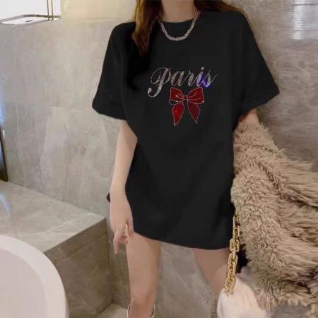 BY18188# 欧洲站春装白色t恤女烫钻字母蝴蝶结宽松中长款正肩圆领短袖上衣  服裝批發女裝批發服飾貨源