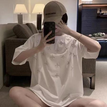 BY18189# 纯棉小众烫钻短袖t恤女夏季新款设计感时尚宽松百搭上衣  服裝批發女裝批發服飾貨源
