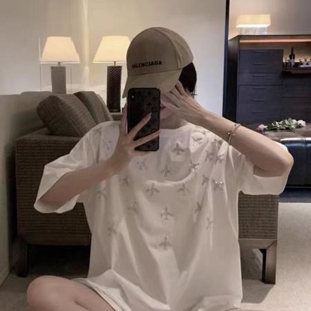 BY18189# 纯棉小众烫钻短袖t恤女夏季新款设计感时尚宽松百搭上衣  服裝批發女裝批發服飾貨源