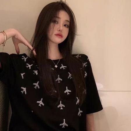 BY18189# 纯棉小众烫钻短袖t恤女夏季新款设计感时尚宽松百搭上衣  服裝批發女裝批發服飾貨源
