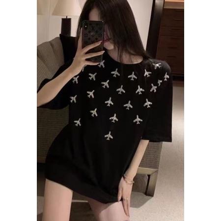 BY18189# 纯棉小众烫钻短袖t恤女夏季新款设计感时尚宽松百搭上衣  服裝批發女裝批發服飾貨源