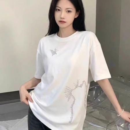 BY18190# 欧洲站春夏季新款猫咪重工烫钻百搭中长款纯棉宽松短袖t恤女  服裝批發女裝批發服飾貨源