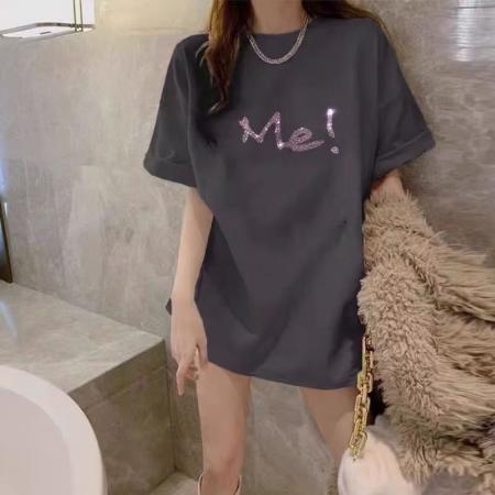 BY18191# 纯棉短袖t恤女夏装新款超火宽松时尚百搭中长款大码烫钻上衣ins潮  服裝批發女裝批發服飾貨源