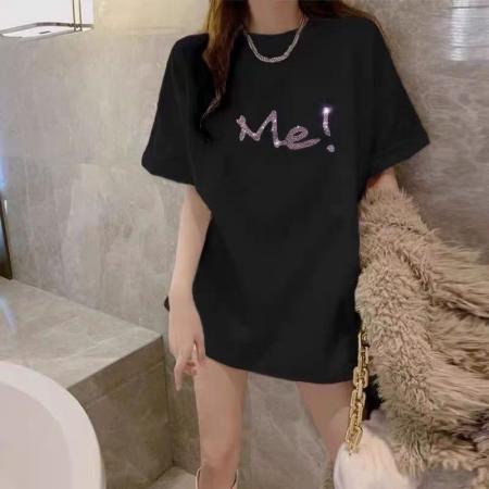 BY18191# 纯棉短袖t恤女夏装新款超火宽松时尚百搭中长款大码烫钻上衣ins潮  服裝批發女裝批發服飾貨源