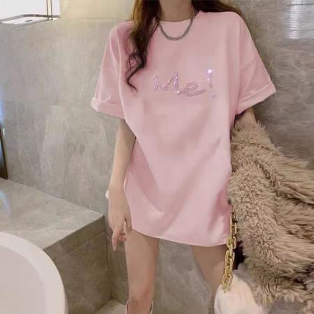 BY18191# 纯棉短袖t恤女夏装新款超火宽松时尚百搭中长款大码烫钻上衣ins潮  服裝批發女裝批發服飾貨源