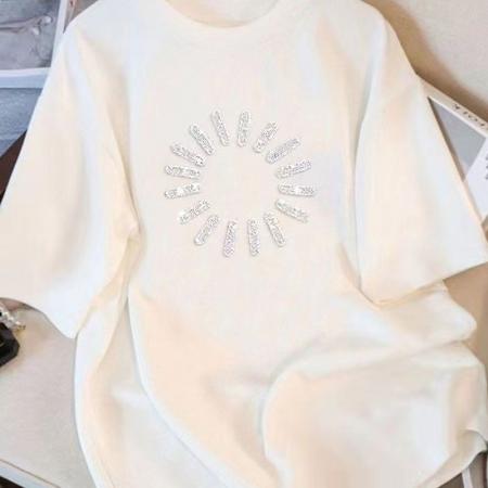 BY18192# 时尚带钻立体字母短袖t恤女新款半袖上衣欧货白色女士体恤  服裝批發女裝批發服飾貨源