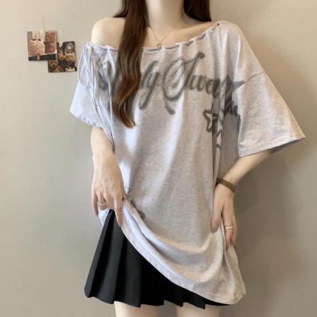 BY18194# 2-300斤大码韩版时尚洋气宽松遮肉显瘦上衣胖mm露肩印花短袖T恤女  服裝批發女裝批發服飾貨源