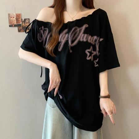 BY18194# 2-300斤大码韩版时尚洋气宽松遮肉显瘦上衣胖mm露肩印花短袖T恤女  服裝批發女裝批發服飾貨源