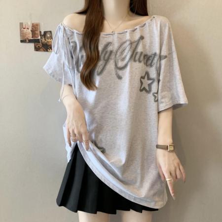 BY18194# 2-300斤大码韩版时尚洋气宽松遮肉显瘦上衣胖mm露肩印花短袖T恤女  服裝批發女裝批發服飾貨源