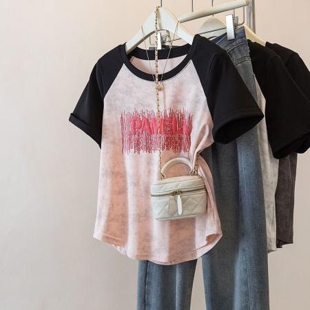 BY18195# 大码女装正肩夏季新款撞色字母印花显瘦遮肚宽松纯棉短袖T恤上衣  服裝批發女裝批發服飾貨源