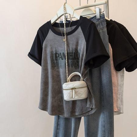 BY18195# 大码女装正肩夏季新款撞色字母印花显瘦遮肚宽松纯棉短袖T恤上衣  服裝批發女裝批發服飾貨源