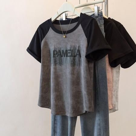 BY18195# 大码女装正肩夏季新款撞色字母印花显瘦遮肚宽松纯棉短袖T恤上衣  服裝批發女裝批發服飾貨源