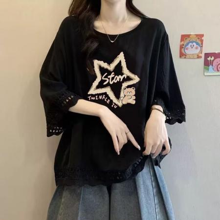 BY18197# 特大码300斤胖mm慵懒宽松遮肚休闲显瘦镂空短袖拼接印花T恤上衣女  服裝批發女裝批發服飾貨源