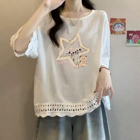 BY18197# 特大码300斤胖mm慵懒宽松遮肚休闲显瘦镂空短袖拼接印花T恤上衣女  服裝批發女裝批發服飾貨源