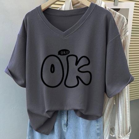 BY18198# 夏季宽松显瘦大码V领短袖t恤女新款休闲体恤遮肚藏肉半袖上衣  服裝批發女裝批發服飾貨源