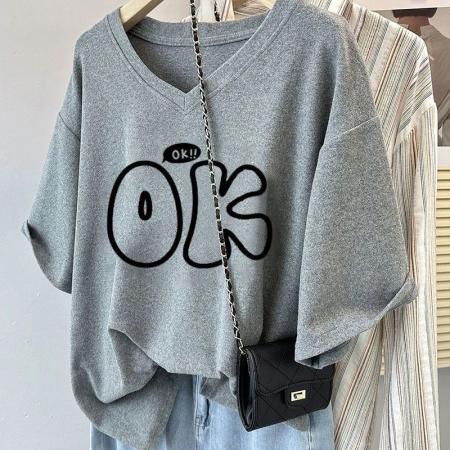 BY18198# 夏季宽松显瘦大码V领短袖t恤女新款休闲体恤遮肚藏肉半袖上衣  服裝批發女裝批發服飾貨源