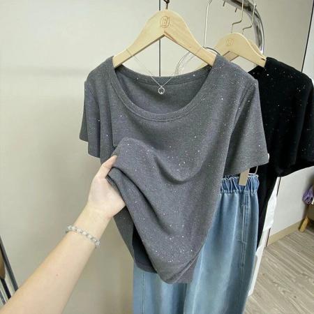 BY18199# 大码胖mm200斤小众韩系亮片设计正肩圆领短袖t恤女夏遮肉休闲上衣  服裝批發女裝批發服飾貨源