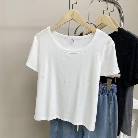 BY18199# 大码胖mm200斤小众韩系亮片设计正肩圆领短袖t恤女夏遮肉休闲上衣  服裝批發女裝批發服飾貨源