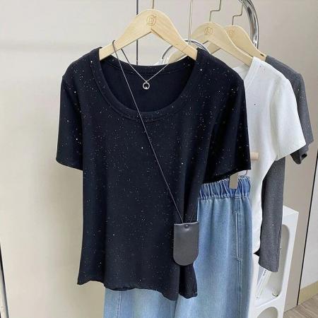 BY18199# 大码胖mm200斤小众韩系亮片设计正肩圆领短袖t恤女夏遮肉休闲上衣  服裝批發女裝批發服飾貨源