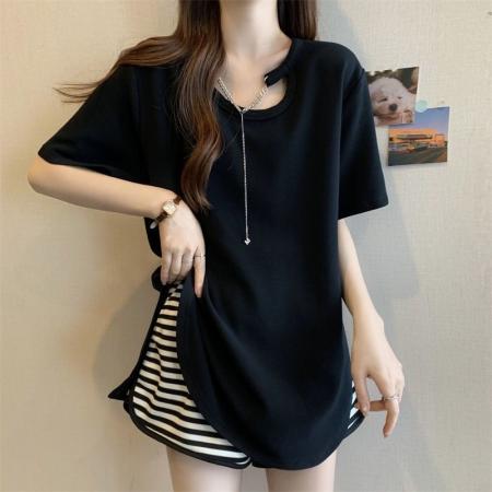 BY18200# 特大码胖mm中长款短袖T恤女夏季新款宽松显瘦百搭设计感300斤上衣  服裝批發女裝批發服飾貨源