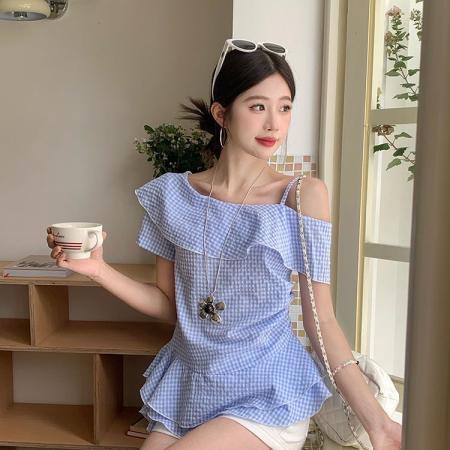 BY18201# 大码胖mm夏新款韩版改良斜肩正肩设计感短袖格子上衣设计学院5925  服裝批發女裝批發服飾貨源